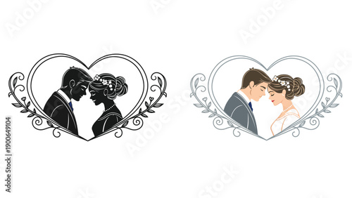 A romantic illustration of a loving couple in a heart frame