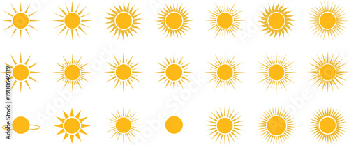 Collection of golden sun icons with varied rays styles minimal flat vector solar symbols set illustration for modern design projects
