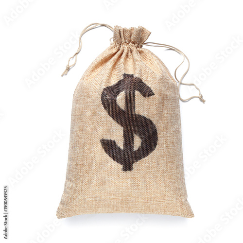 Bag full of money on white ...