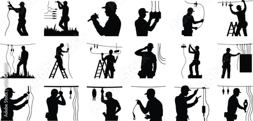 electrician worker silhouette collection, electrical technician lineman wiring cable repair, professional industrial service men, black vector isolated on white background