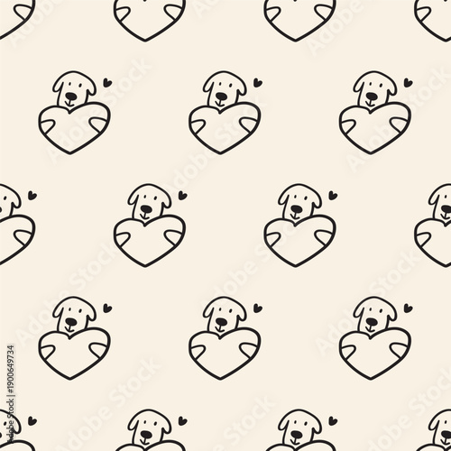 Dog Hugging Heart Seamless Outline Pattern. Cute Pet and Love Vector for Valentine's Day Fabric, Wall Decor and Pet Lover Merch