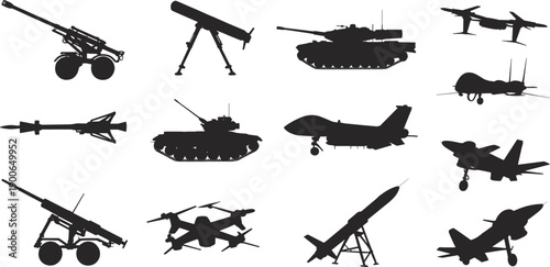 Military weapons silhouette collection, tanks jets missiles drones artillery and rocket launchers, black combat vehicle vector set isolated on white background