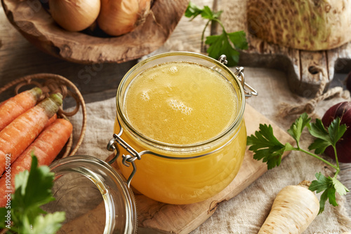 Chicken soup or bone broth in a glass jar with fresh vegetables