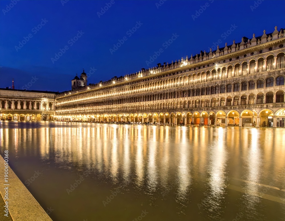 Naklejka premium Serene Evening Reflections at Historic Venetian Square in Twilight