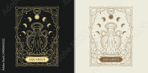 Aquarius Zodiac Symbol for Tarot and Astrology, Hand-Drawn Engraving in Luxury Boho Style
