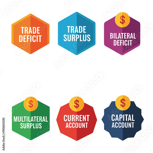 Economic international trade and financial accounts hexagon icons set
