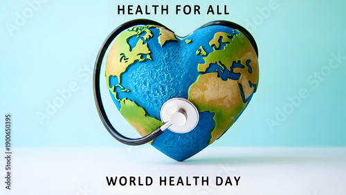 A heart-shaped Earth, symbolizing global well-being, is embraced by a stethoscope with the messages 