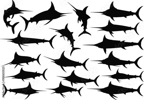 Swordfish marlin silhouette collection, fast ocean predators in dynamic swimming poses, black marine vector set isolated on white background, fishing design