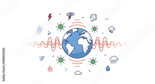Globe surrounded by weather icons and natural disaster symbols