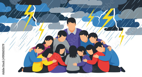 Group of diverse people huddle together in a stormy rain