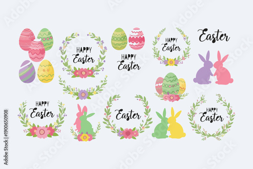 Happy Easter, set of vector design elements, Easter Vector Elements Set with Bunny, Decorated Eggs and Floral Wreaths, 
Happy Easter Collection.