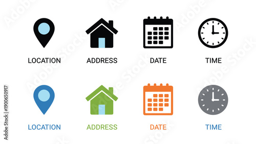 A graphic illustration of location, address, date, and time icons