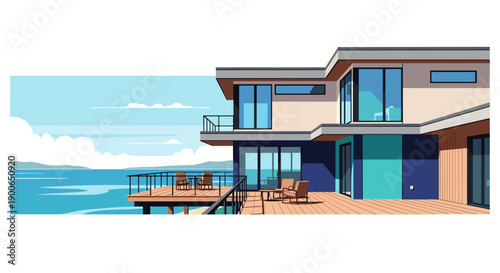 Modern luxury house with deck overlooking ocean water