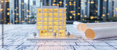 Modern architectural model on blueprints with rolled plans and city background, representing real estate development, urban planning, engineering, and future construction design concepts for business