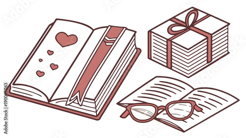 An illustration of books and a gift with a heart theme