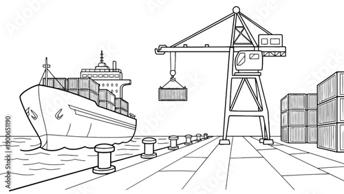 A cargo ship is docked at a port with a crane loading containers