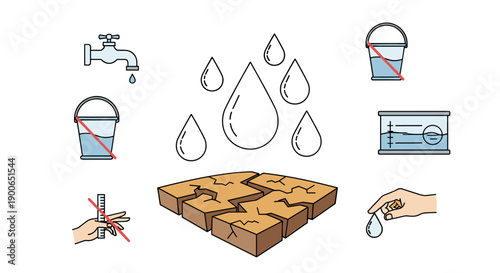 Water conservation and drought awareness icons set