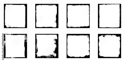 Collection of 8 black square grunge border frames. Vector border bundle. 