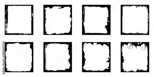 Collection of 8 black square grunge border frames. Vector border bundle. 