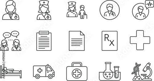 Healthcare icons set featuring doctors, nurses, patients, ambulance, medical kit, research tools, hospital bed, prescription, communication, teamwork, emergency services illustration