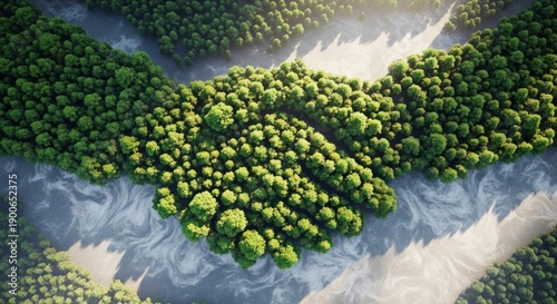 Green forest shaped like handshake viewed above, for environmental partnership, sustainable development, ecological agreement, global conservation efforts in nature