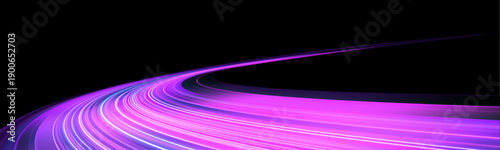 Electric pink neon trails twist along the highway, creating energetic light motion. Motion blur and glowing curves convey speed. Perfect for digital, sci-fi, or racing layouts vector