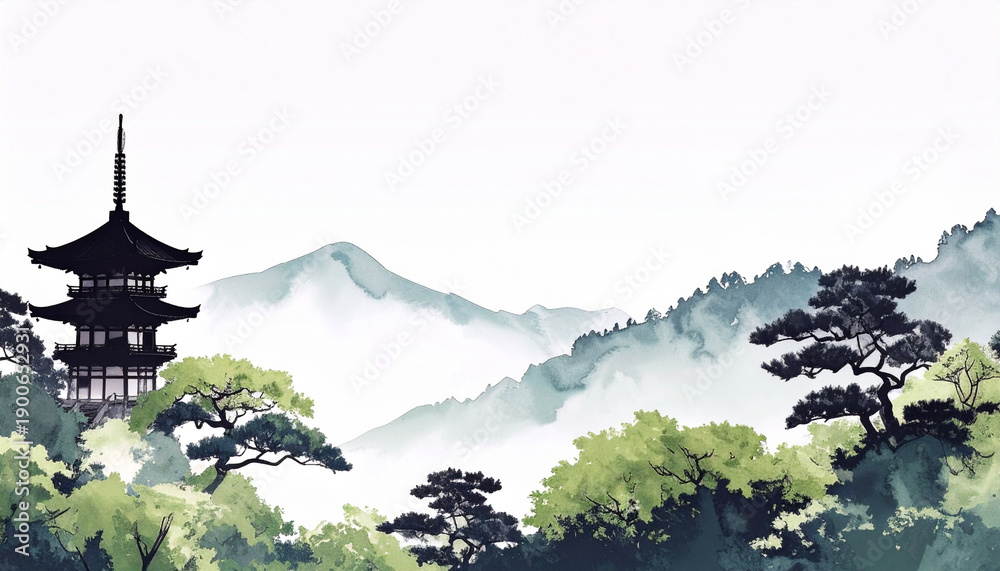 Fototapeta premium 緻密な筆致で描かれた松と山並みの和モダン背景、伝統的な日本美術スタイルの素材