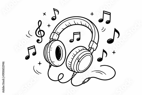 Sketch of headphones and musical notes illustrating music concept