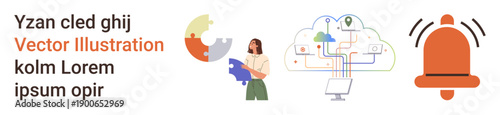 Problem solving, digital networks, notifications, data connectivity, technology management, system alerts. Woman holding puzzle pieces, cloud network and a notification bell. Problem solving