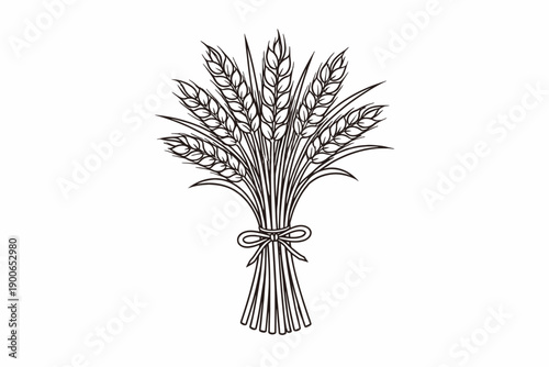 Simple wheat bundle with bow line drawing in black on white background