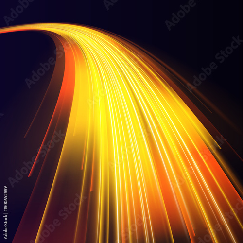 Glowing amber acceleration streaks create parallel racing paths with intense shine and perspective depth. Designed for transport and speed themes vector