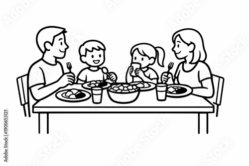 Caucasian family enjoying dinner together at home - male, female adults and children sharing meal