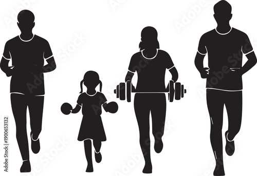 Family running silhouettes healthy lifestyle parents and child jogging with weights outdoor or gym sport activity