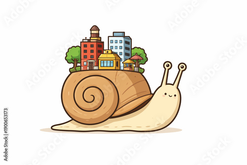 Whimsical snail shell city with buildings and trees