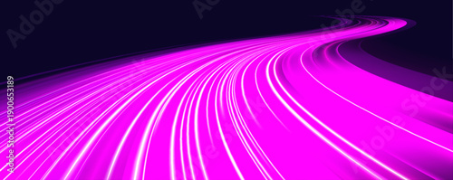 Electric pink neon streaks race along the highway, creating vivid motion trails and glowing effects. Curved light enhances futuristic speed and energy. Perfect for digital or sci-fi layouts vector