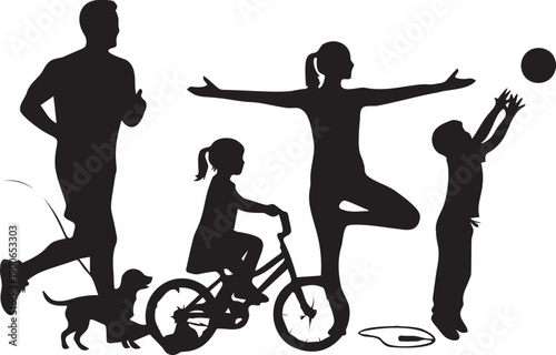 Active family silhouettes jogging biking yoga playing ball outdoors father running dog mother yoga son ball