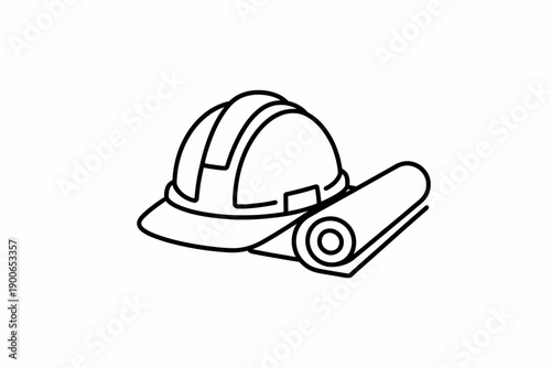 Construction hard hat and blueprint icon line drawing for engineering projects
