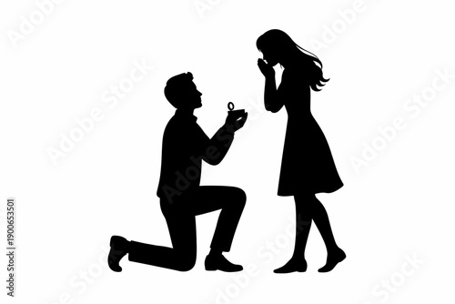 Silhouette of marriage proposal with engagement ring and emotional response