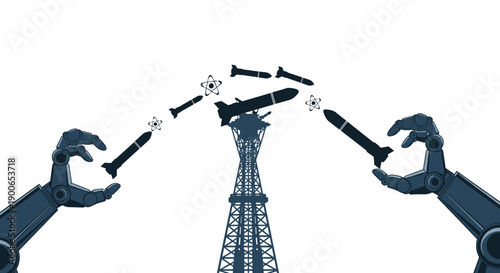 Robotic arms handling nuclear missiles near a launch tower