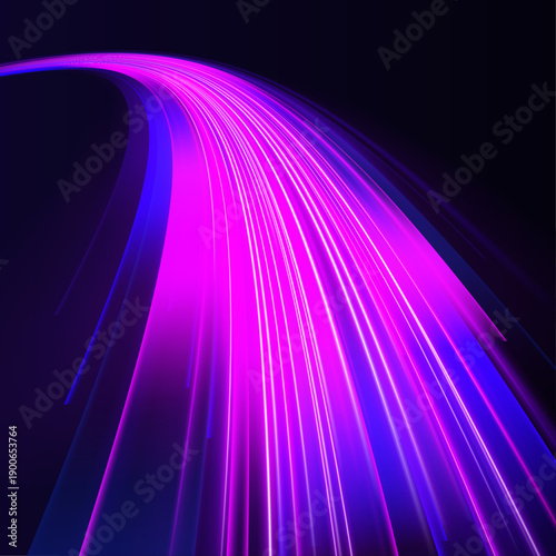 Magenta futuristic expressway with glowing motion lines, flowing particle streaks and vibrant digital acceleration vector
