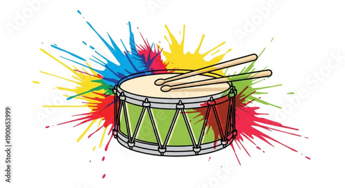 Colorful Drum with Drumsticks on White Background