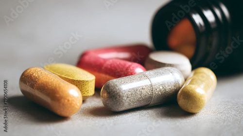 A scattering of various vitamin pills and supplements spilled from a bottle onto a surface, showcasing different shapes and colors of medication