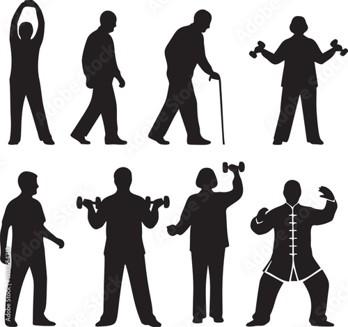 Silhouettes of people engaged in various exercises, including stretching, weightlifting, and Tai Chi, promoting healthy aging and fitness