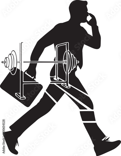 Silhouette man running with briefcase and gym weights symbolizing fast lifestyle work life balance concept on transparent background