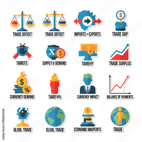 Vector flat icons of international trade and economic concepts
