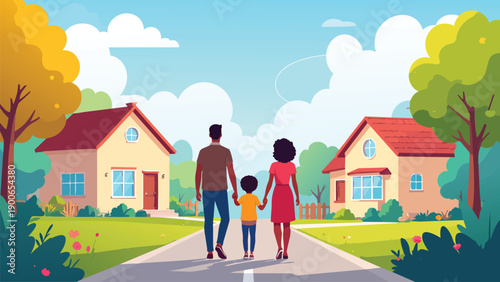 A man, a woman, and a child walking on the street