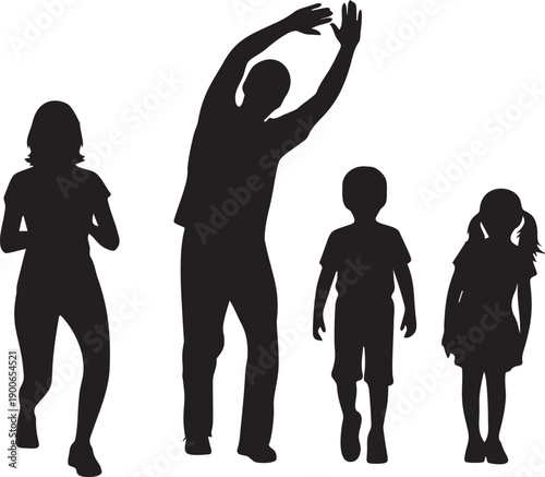 Family silhouettes exercising together featuring parents and children in active poses promoting healthy domestic group activity
