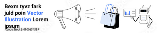 Digital marketing, online shopping, e-commerce tools, automated services, data analytics, promotion strategies. A megaphone emits sound toward shopping bags and a robot analyzing data. Digital