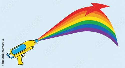 Rainbow Water Gun Shooting Colorful Stream on Light Blue Background