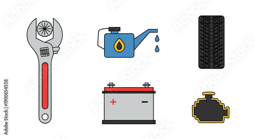 Automotive maintenance tools and car parts flat design icons set